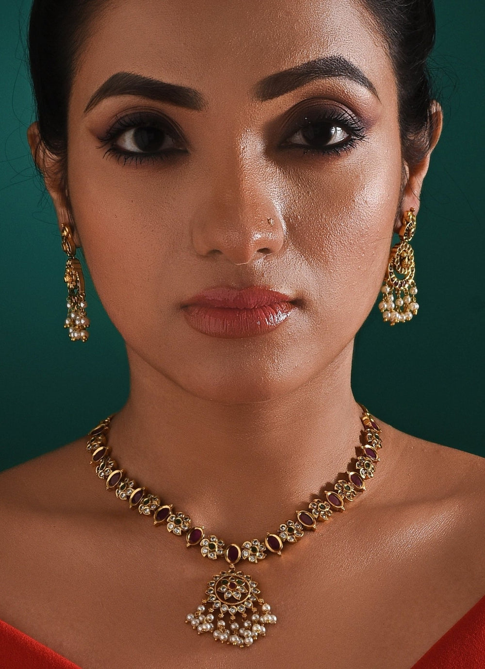 Gold Plated And Multi Stone Necklace With Earrings Zaza By Somya - Fabilicious Fashion