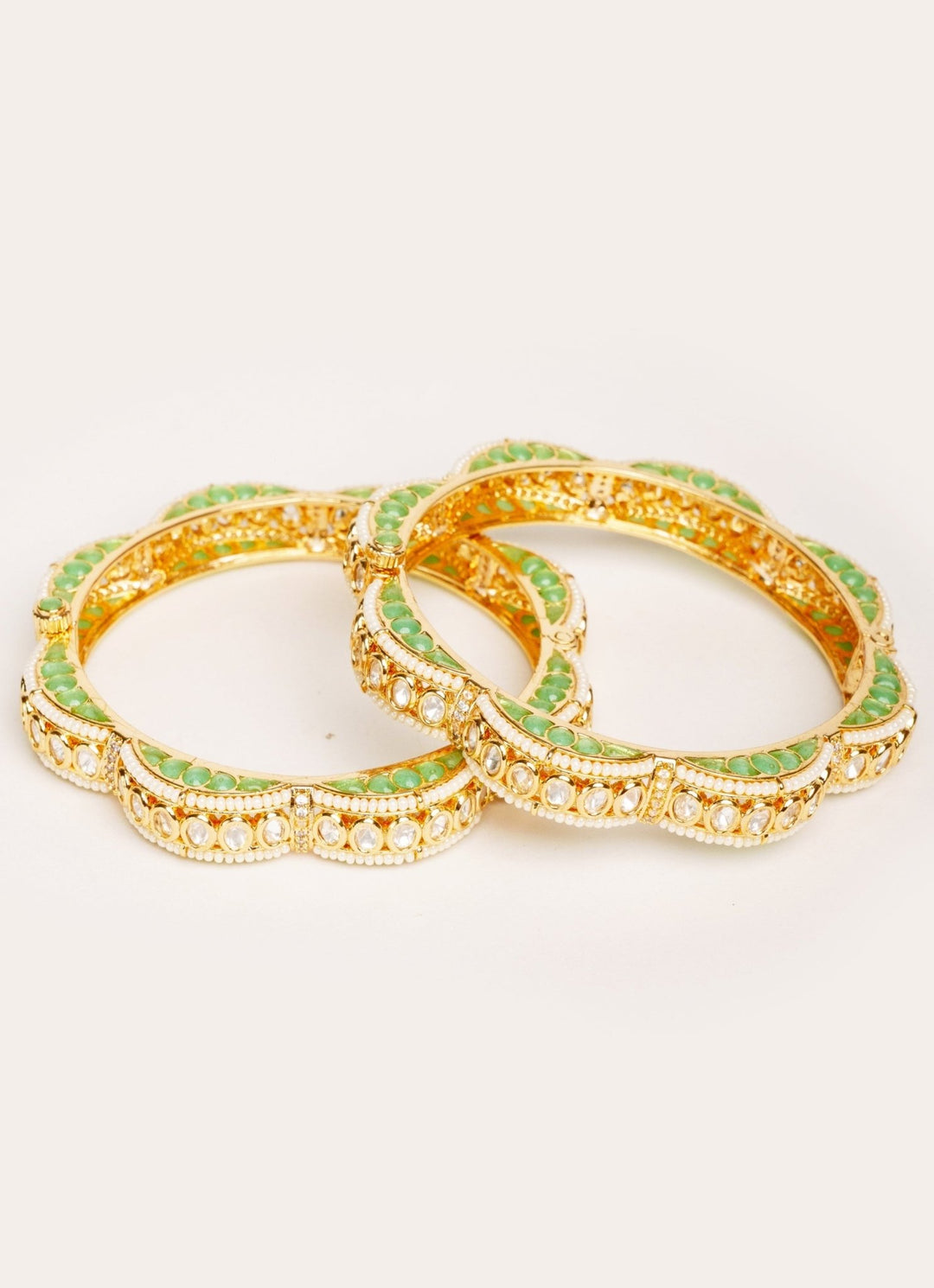 Gold Plated Aqua Blue Kundan Polki Openable Bangle Set Zevar by Geeta - Fabilicious Fashion