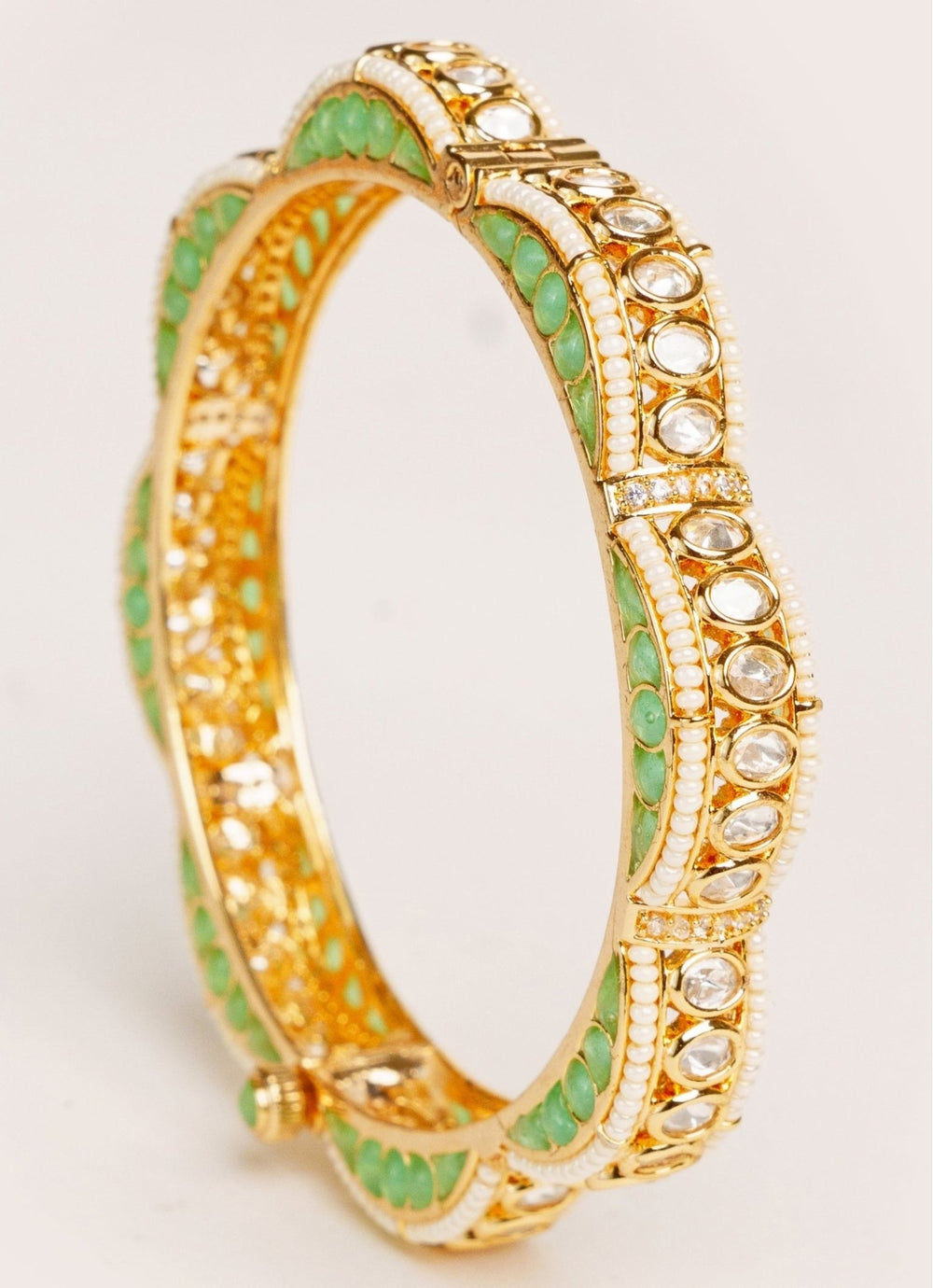 Gold Plated Aqua Blue Kundan Polki Openable Bangle Set Zevar by Geeta - Fabilicious Fashion
