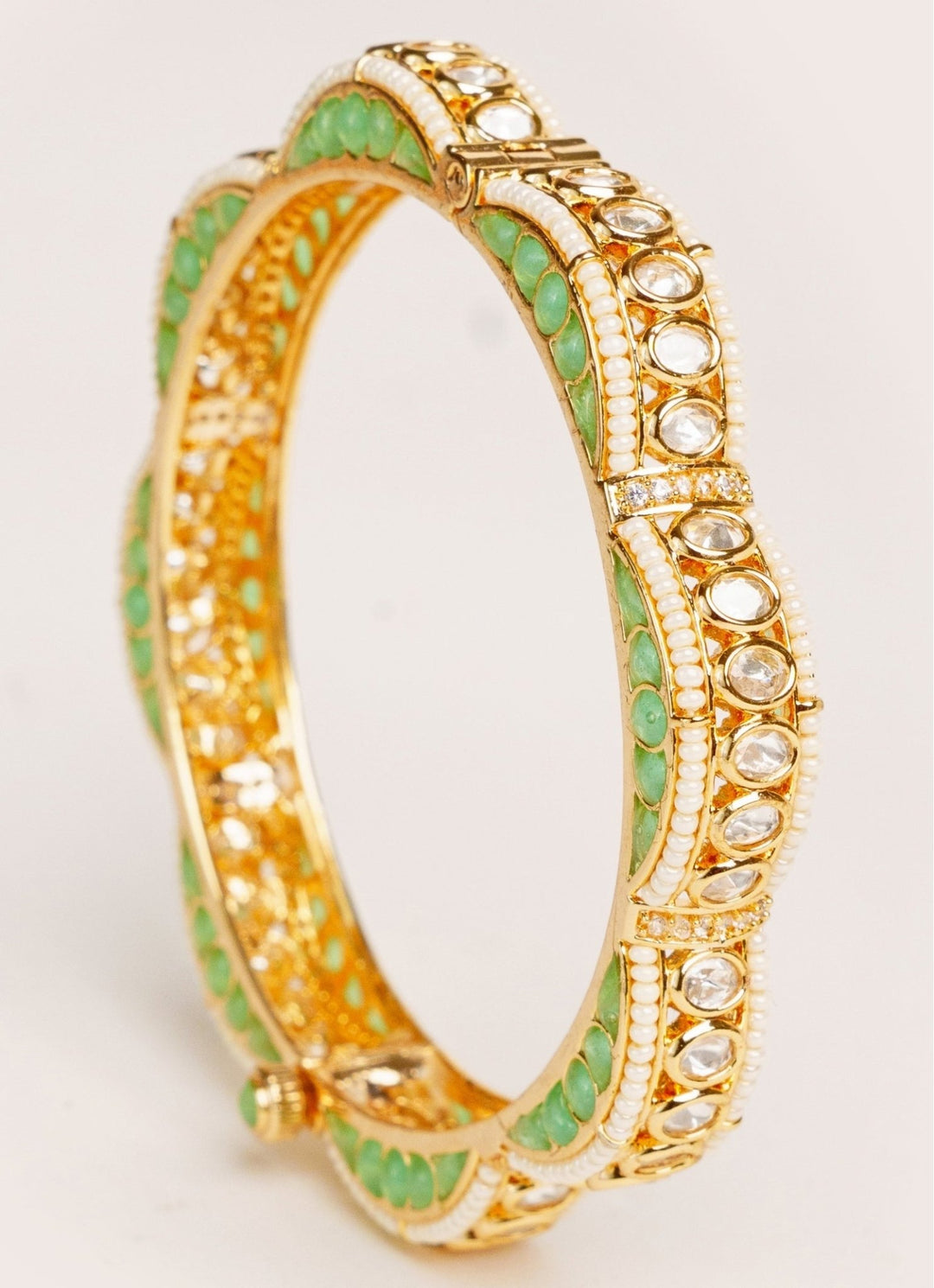 Gold Plated Aqua Blue Kundan Polki Openable Bangle Set Zevar by Geeta - Fabilicious Fashion
