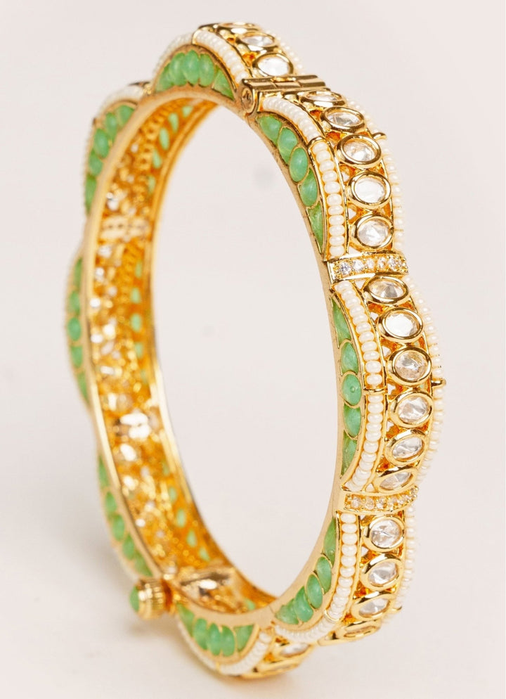 Gold Plated Aqua Blue Kundan Polki Openable Bangle Set Zevar by Geeta - Fabilicious Fashion