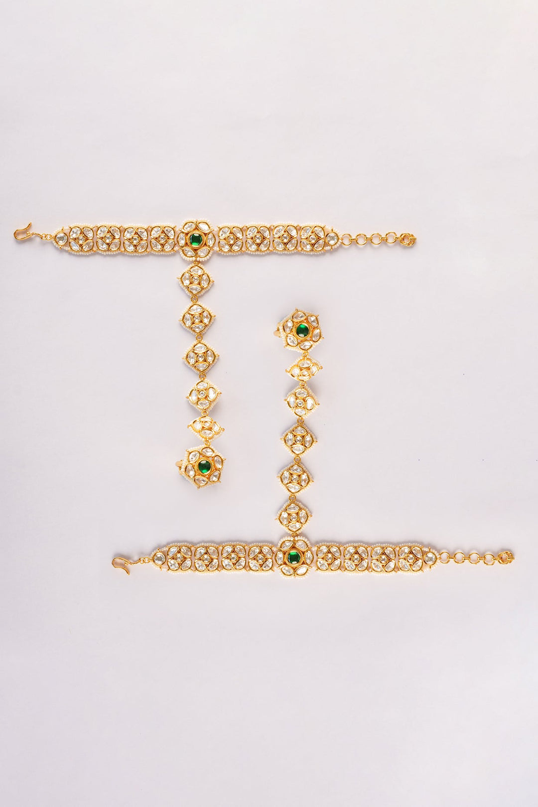Gold Plated Asymmetrical Design Kundan Hathphools Zevar by Geeta - Fabilicious Fashion
