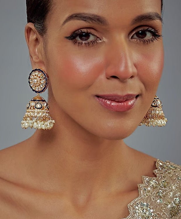Gold Plated Black Kundan And Polki Jhumkas Earrings Vivinia by Vidhi Mehra - Fabilicious Fashion