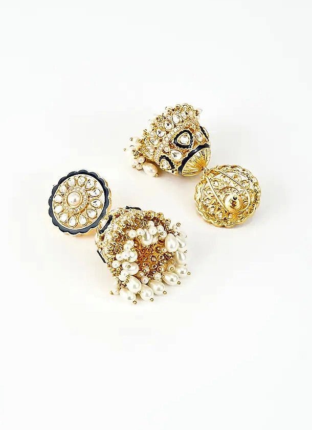 Gold Plated Black Kundan And Polki Jhumkas Earrings Vivinia by Vidhi Mehra - Fabilicious Fashion