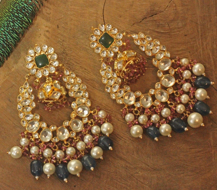 Gold Plated Blue And White Pearl Long Earrings Kalyani Indian Jewelry - Fabilicious Fashion