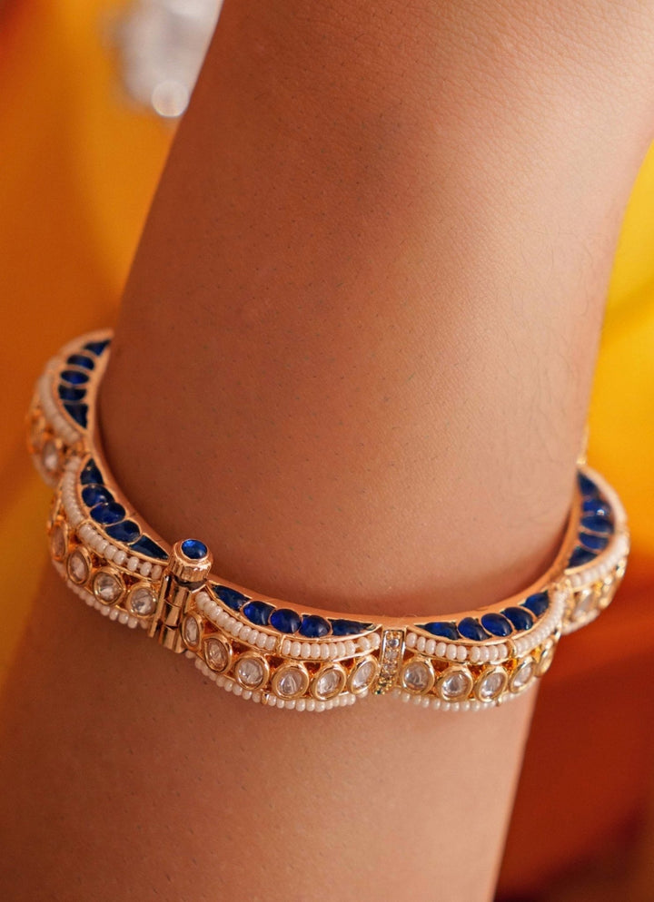 Gold Plated Blue Kundan Polki Openable Bangle Set Zevar by Geeta - Fabilicious Fashion