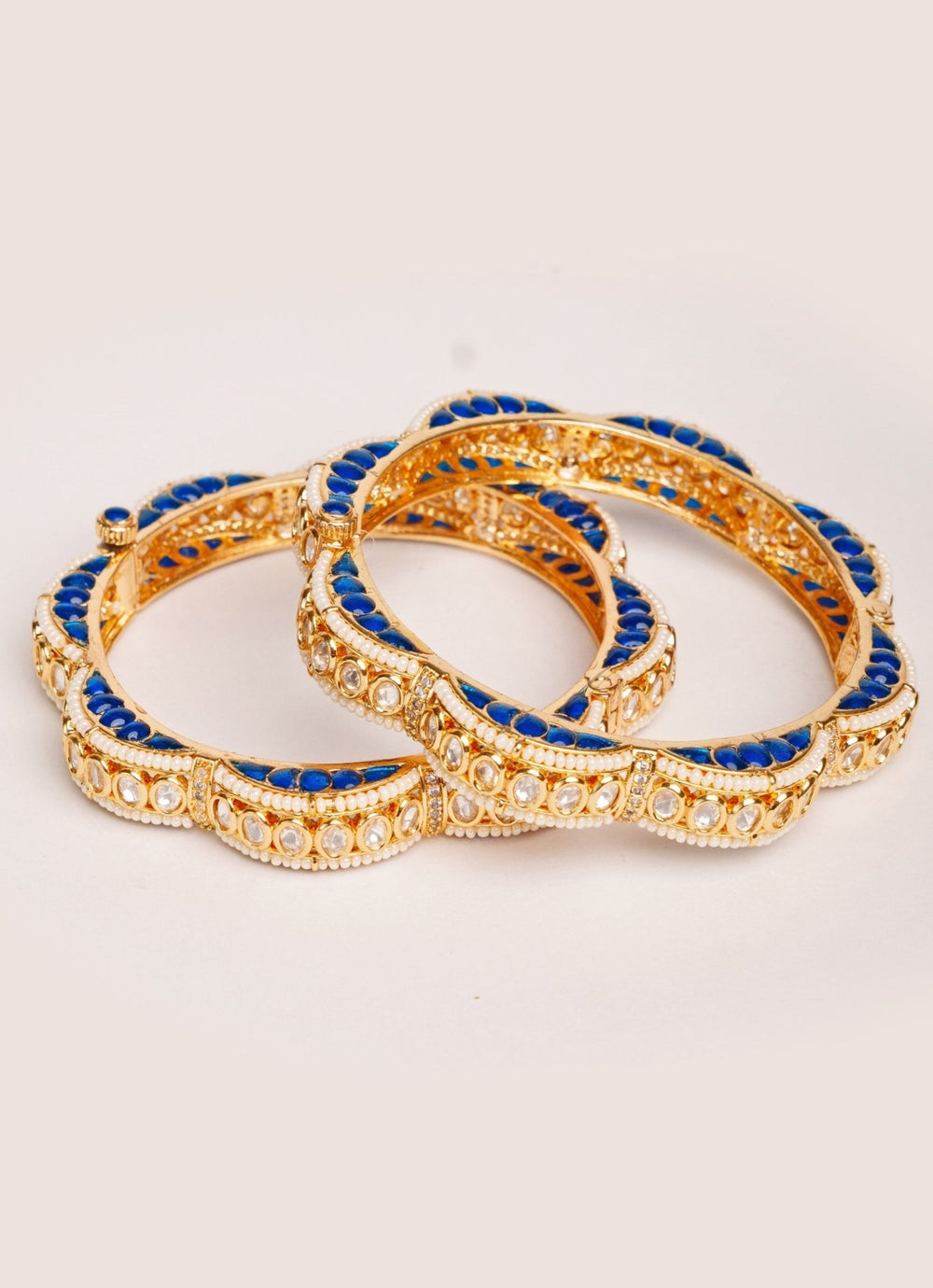 Gold Plated Blue Kundan Polki Openable Bangle Set Zevar by Geeta - Fabilicious Fashion