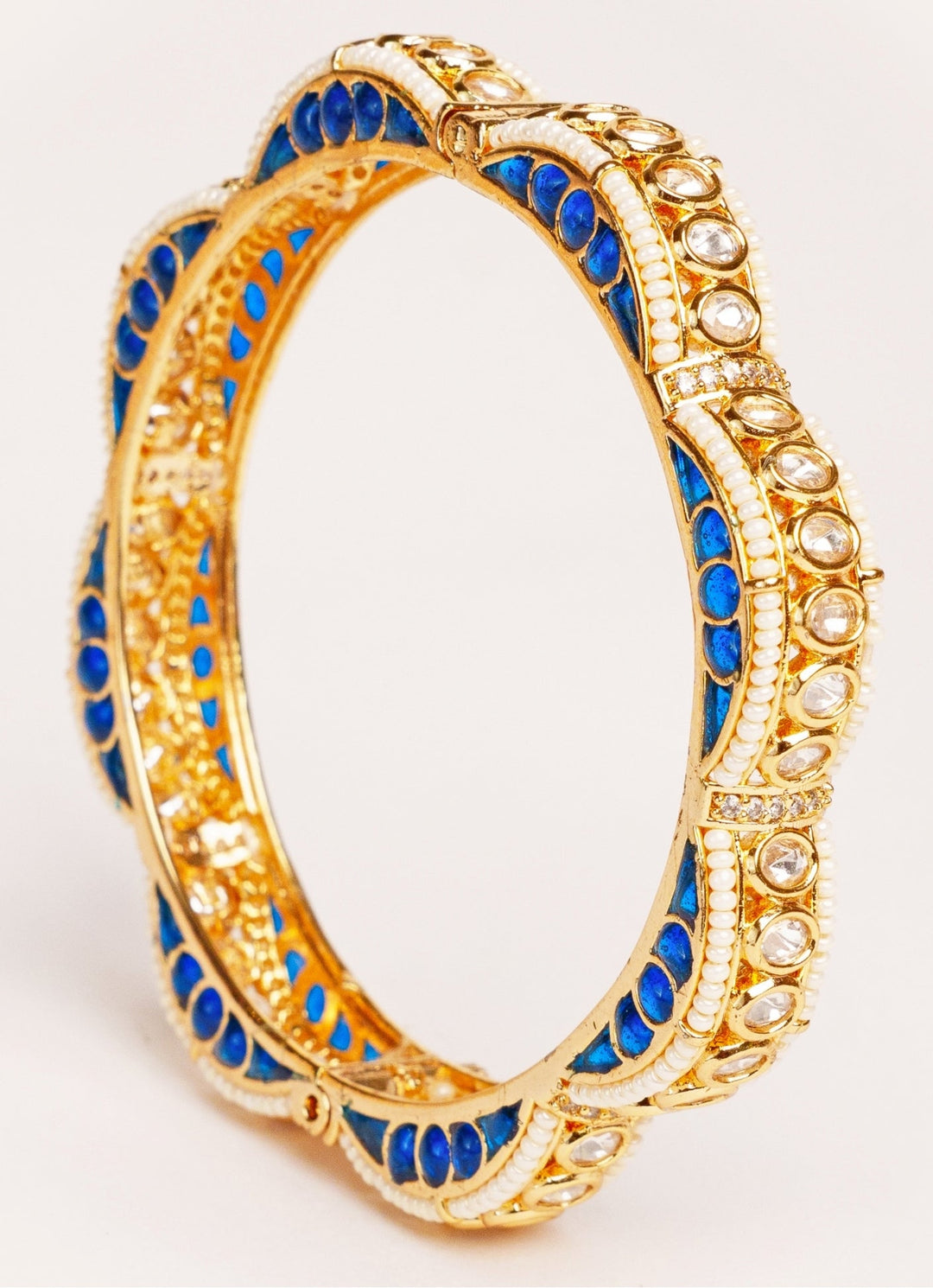Gold Plated Blue Kundan Polki Openable Bangle Set Zevar by Geeta - Fabilicious Fashion