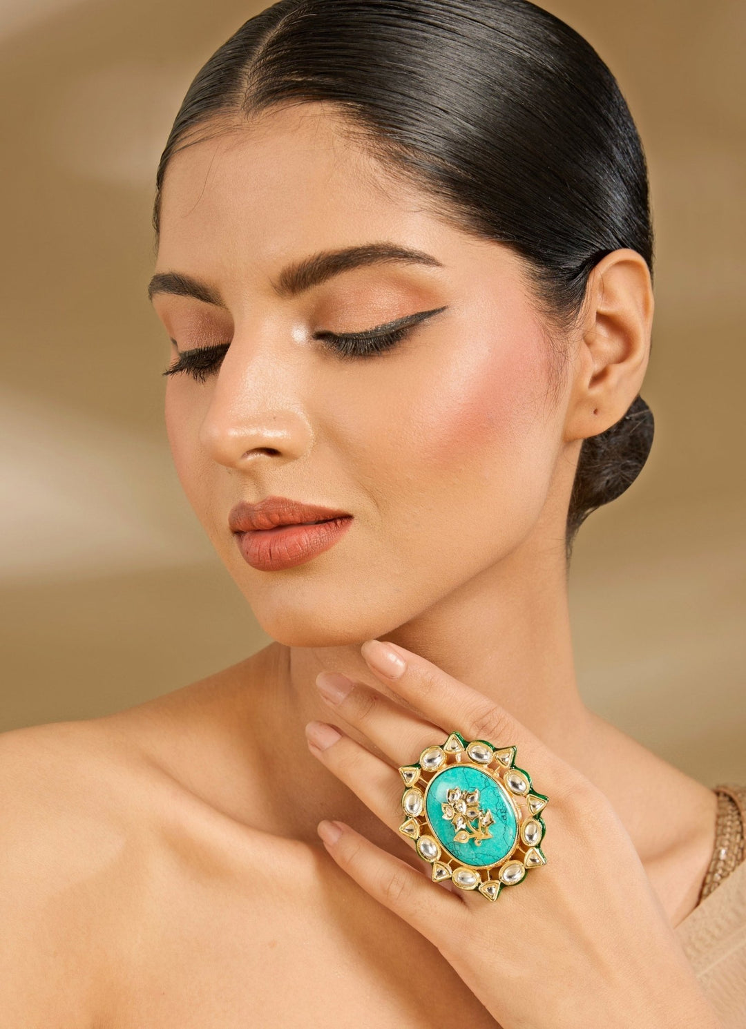 Gold Plated Blue Stone Statement Ring Vivinia By Vidhi Mehra - Fabilicious Fashion