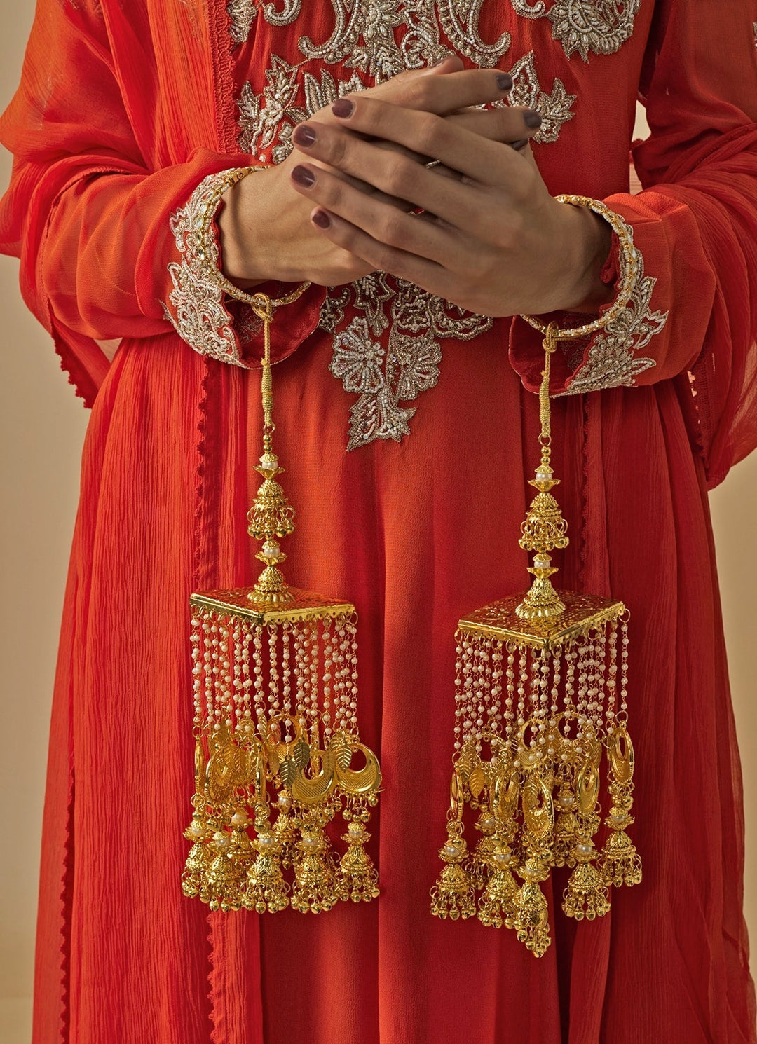 Gold Plated Bridal Floral Kaleeras With Jhumka Hangings Vivinia by Vidhi Mehra - Fabilicious Fashion