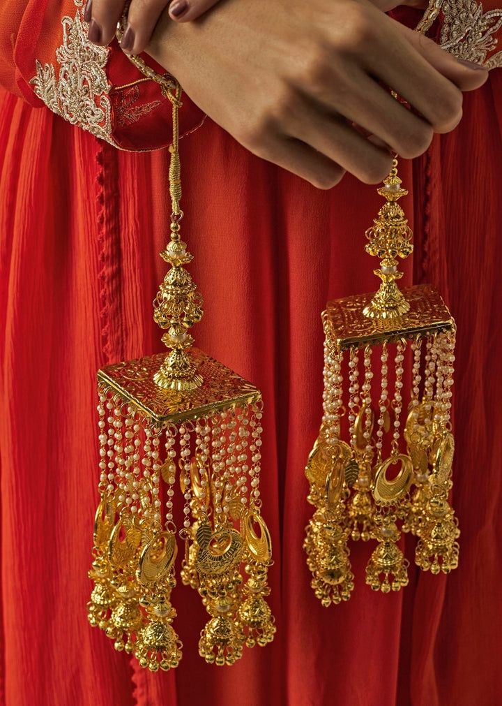 Gold Plated Bridal Floral Kaleeras With Jhumka Hangings Vivinia by Vidhi Mehra - Fabilicious Fashion