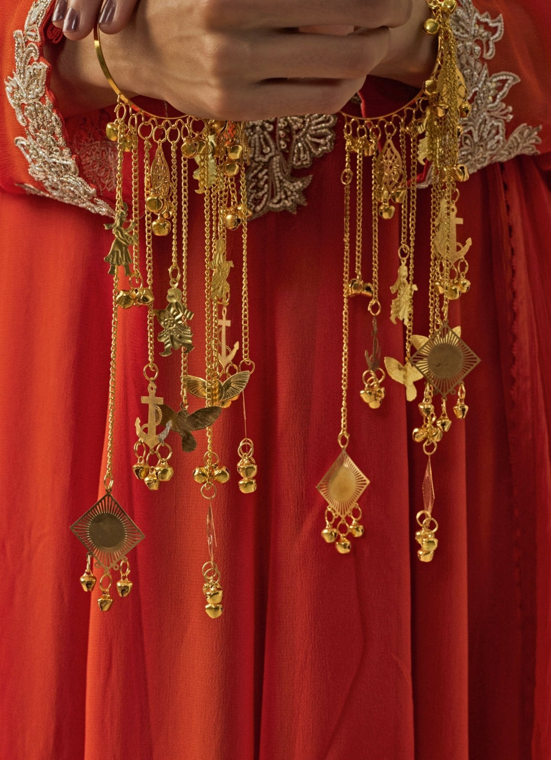 Gold Plated Bridal Kaleeras With Chain Hangings Vivinia by Vidhi Mehra - Fabilicious Fashion