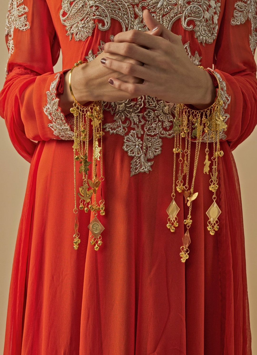 Gold Plated Bridal Kaleeras With Chain Hangings Vivinia by Vidhi Mehra - Fabilicious Fashion