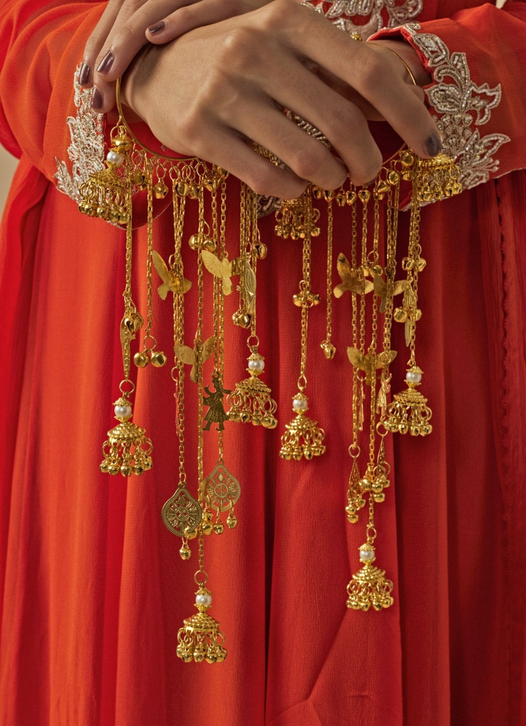 Gold Plated Bridal Kaleeras With Dangling Jhumka Hangings Vivinia by Vidhi Mehra - Fabilicious Fashion
