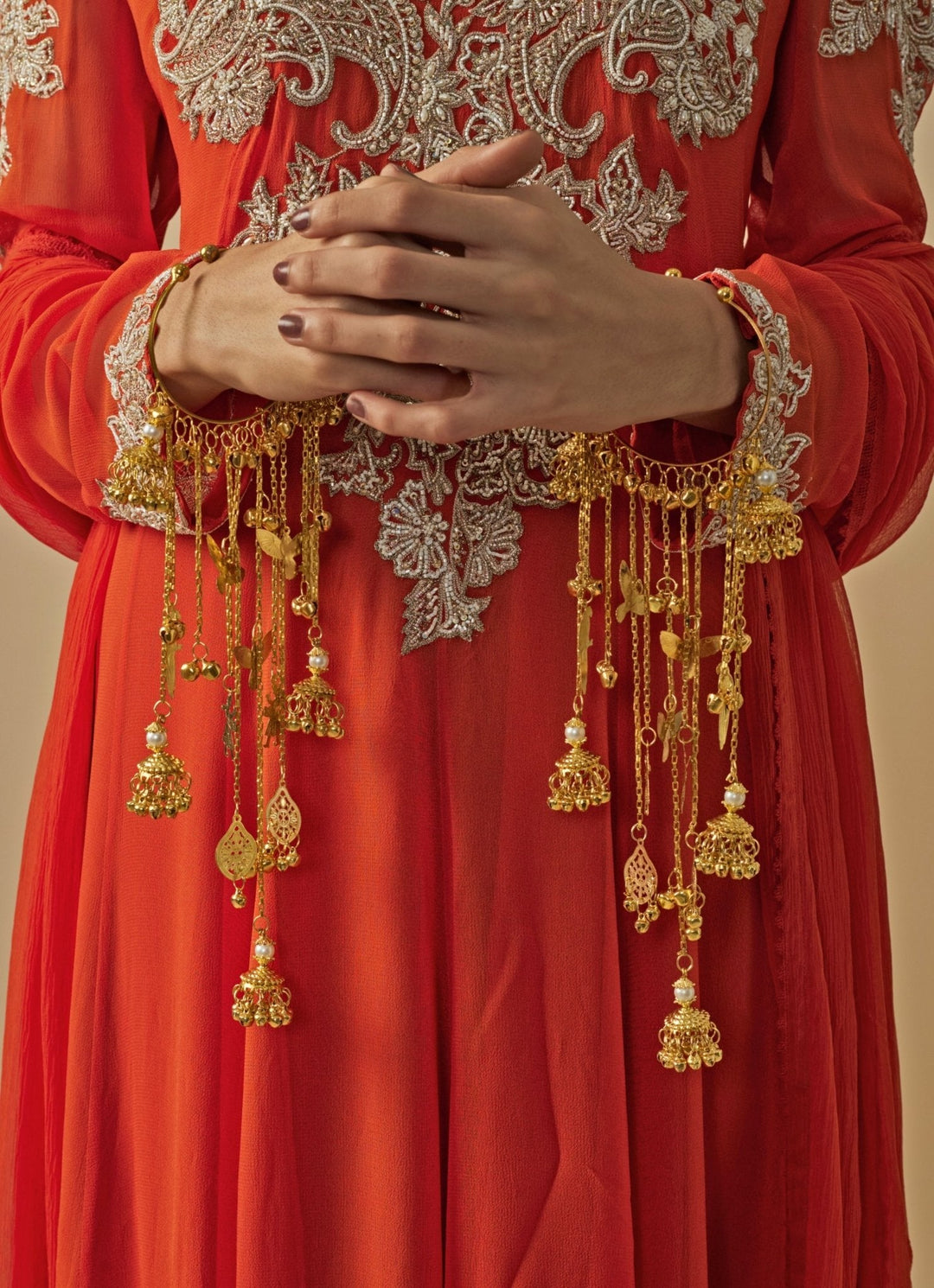 Gold Plated Bridal Kaleeras With Dangling Jhumka Hangings Vivinia by Vidhi Mehra - Fabilicious Fashion