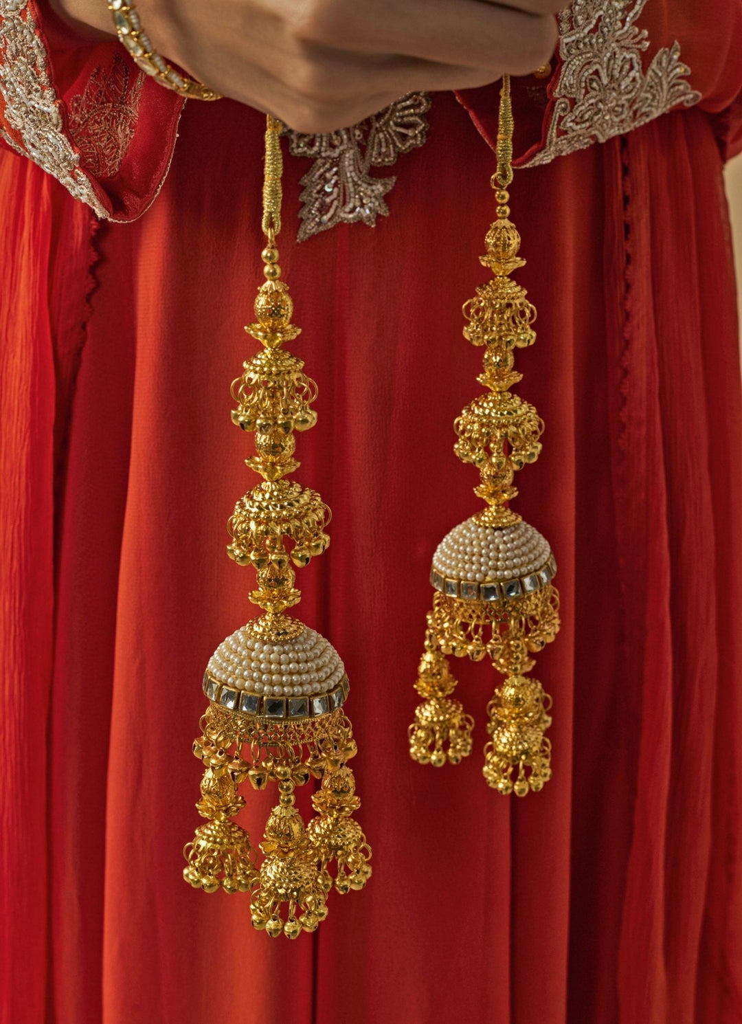 Gold Plated Bridal Kaleeras With Jhumka Hangings Vivinia by Vidhi Mehra - Fabilicious Fashion