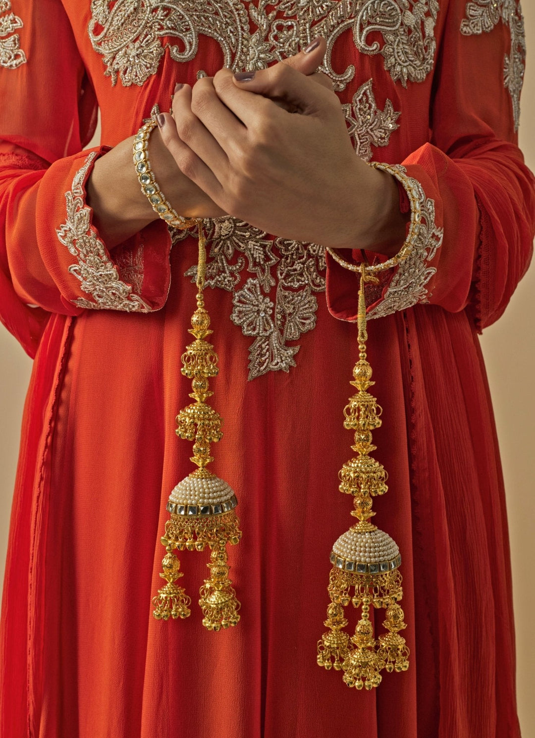 Gold Plated Bridal Kaleeras With Jhumka Hangings Vivinia by Vidhi Mehra - Fabilicious Fashion