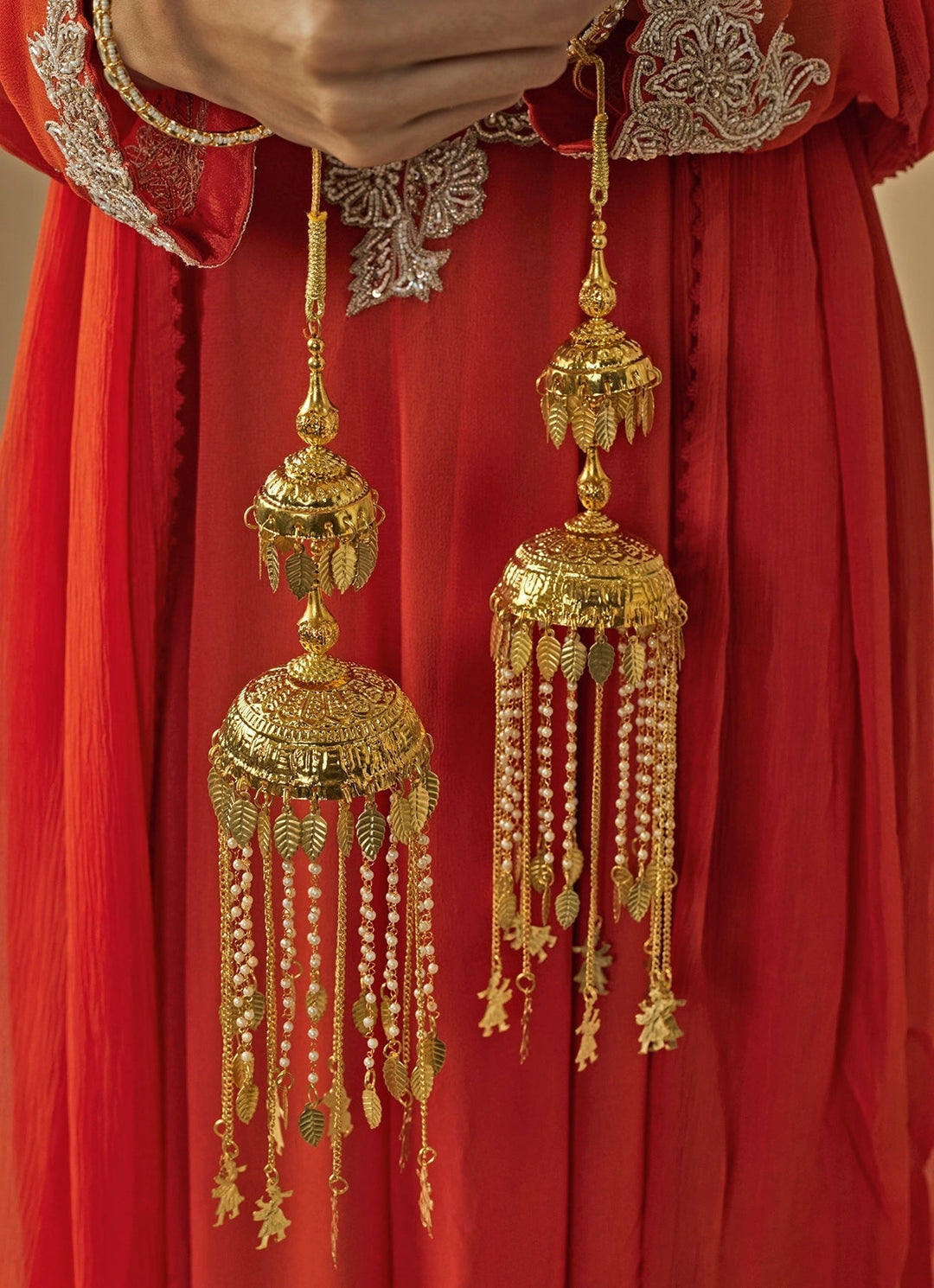 Gold Plated Bridal Kaleeras With Leaf Hangings Vivinia by Vidhi Mehra - Fabilicious Fashion