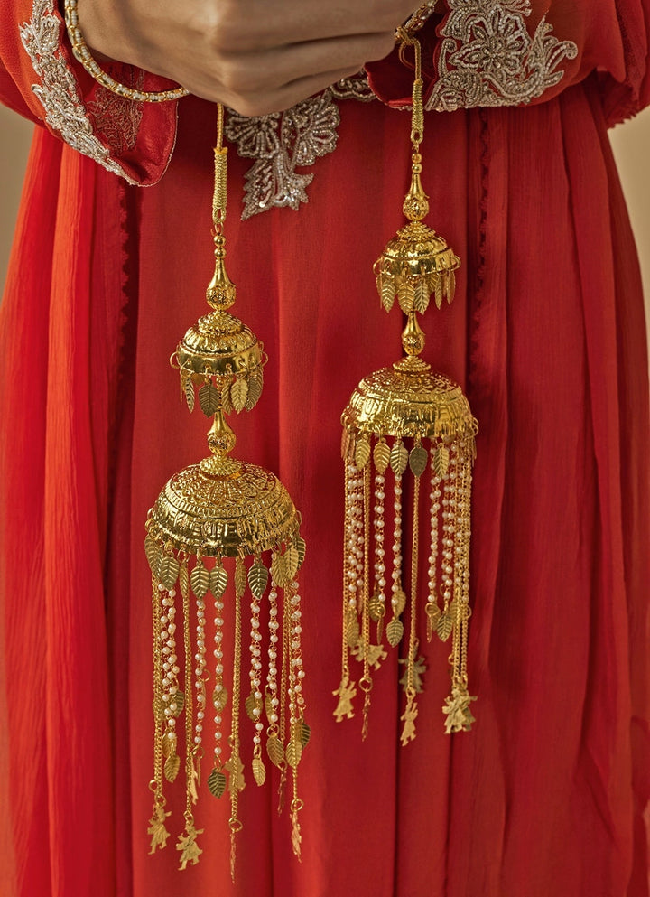 Gold Plated Bridal Kaleeras With Leaf Hangings Vivinia by Vidhi Mehra - Fabilicious Fashion