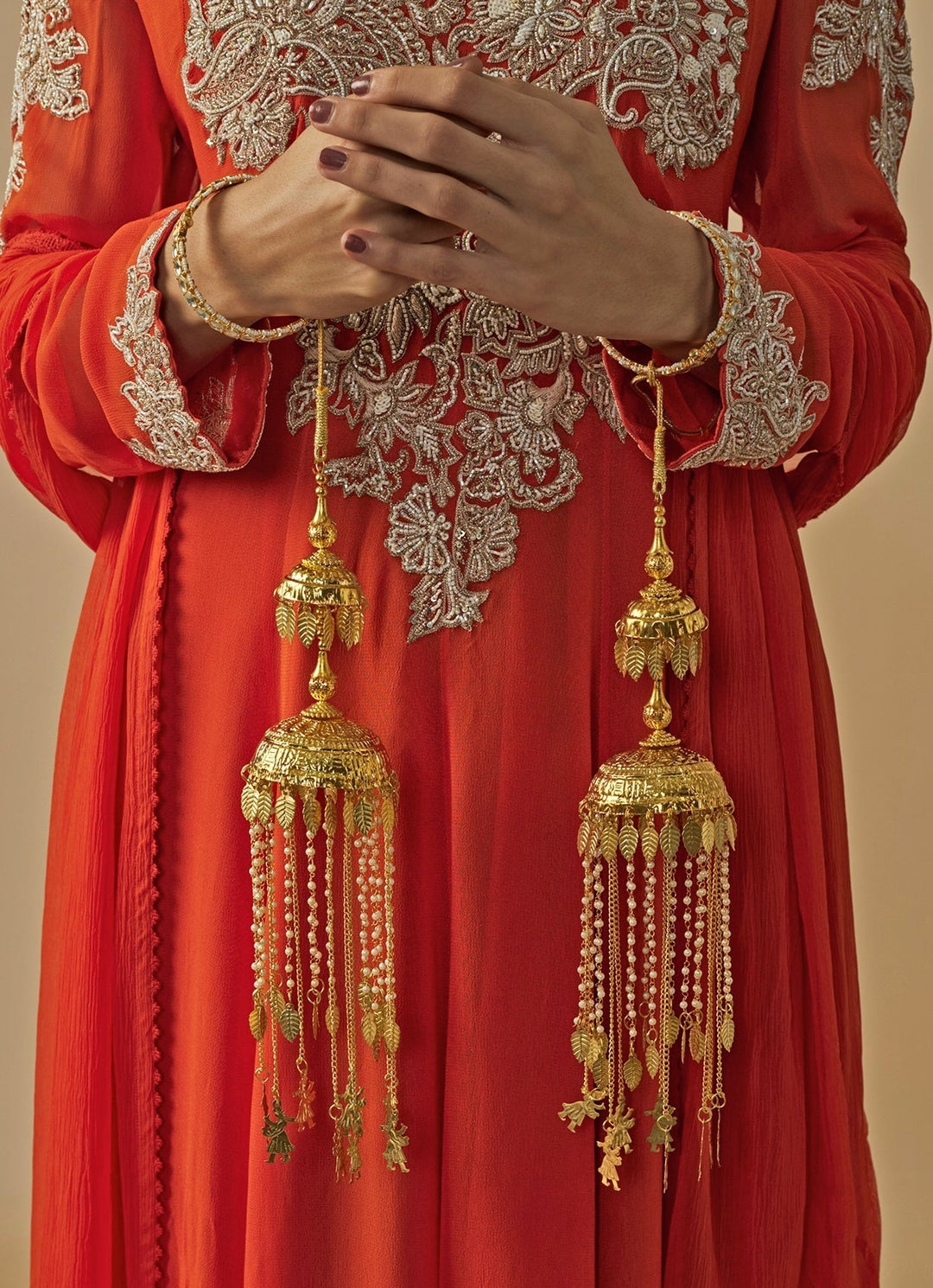 Gold Plated Bridal Kaleeras With Leaf Hangings Vivinia by Vidhi Mehra - Fabilicious Fashion