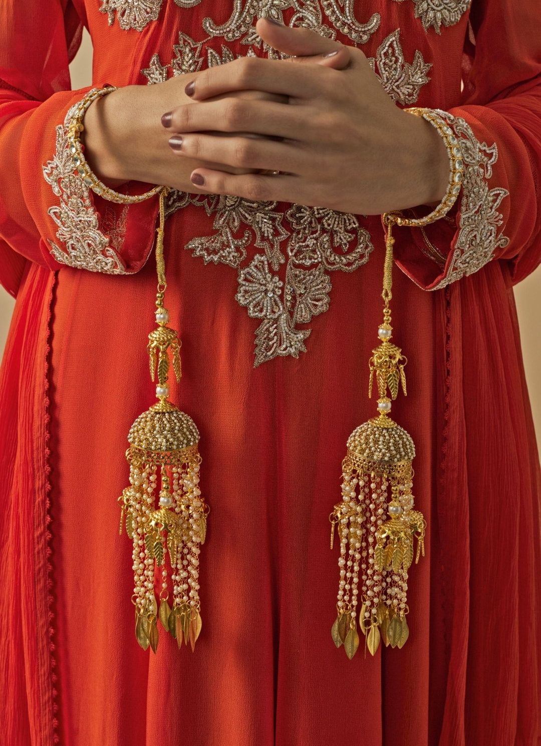 Gold Plated Bridal Kaleeras With Leaf Hangings Vivinia by Vidhi Mehra - Fabilicious Fashion