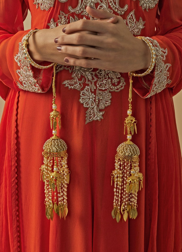 Gold Plated Bridal Kaleeras With Leaf Hangings Vivinia by Vidhi Mehra - Fabilicious Fashion