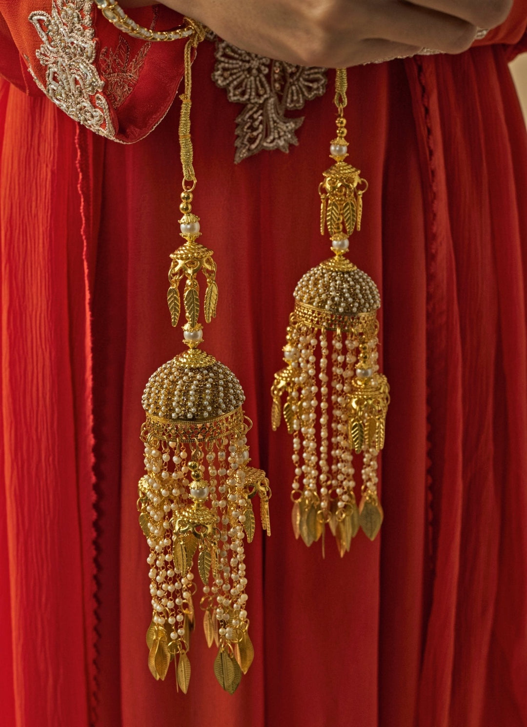 Gold Plated Bridal Kaleeras With Leaf Hangings Vivinia by Vidhi Mehra - Fabilicious Fashion