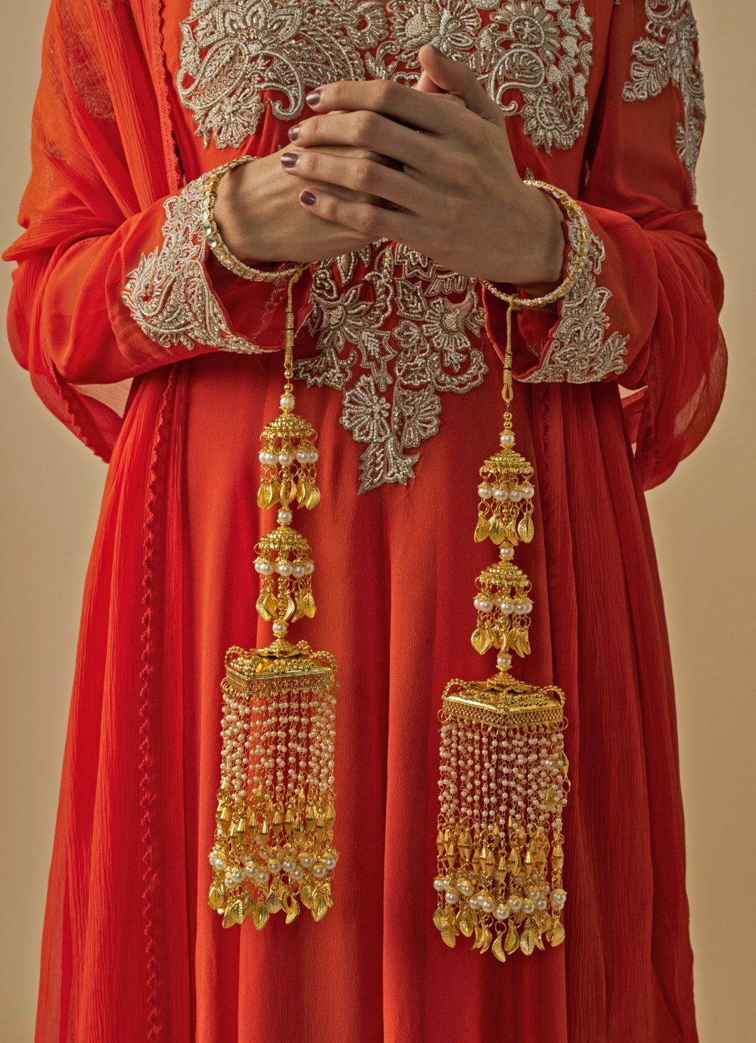 Gold Plated Bridal Kaleeras With Pearl Hangings Vivinia by Vidhi Mehra - Fabilicious Fashion