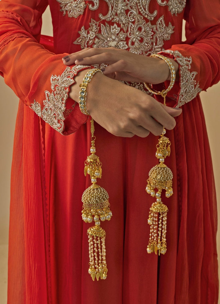 Gold Plated Bridal Kaleeras With Pearl Hangings Vivinia by Vidhi Mehra - Fabilicious Fashion