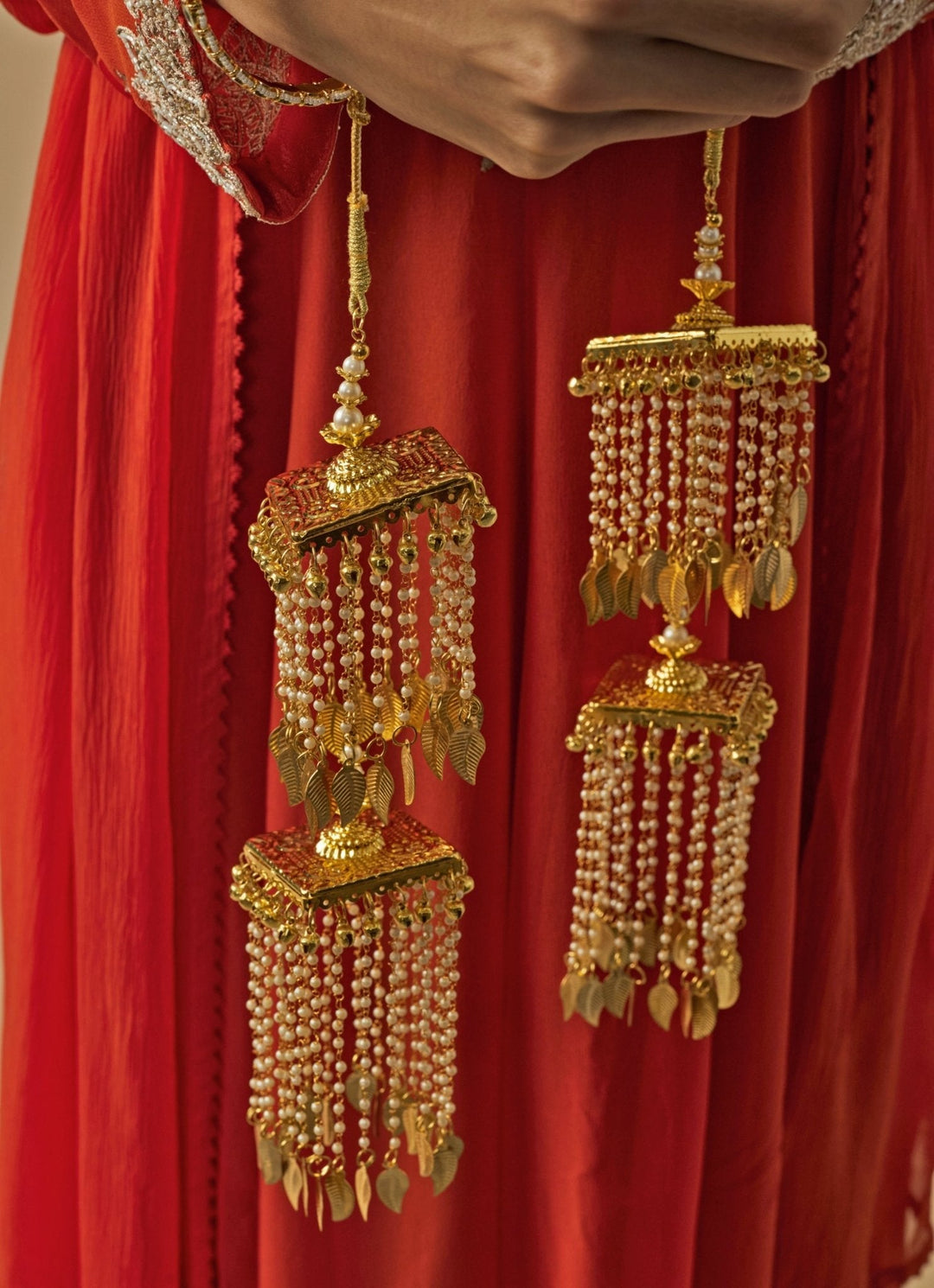 Gold Plated Bridal Kaleeras With Pearl Leaf Hangings Vivinia by Vidhi Mehra - Fabilicious Fashion