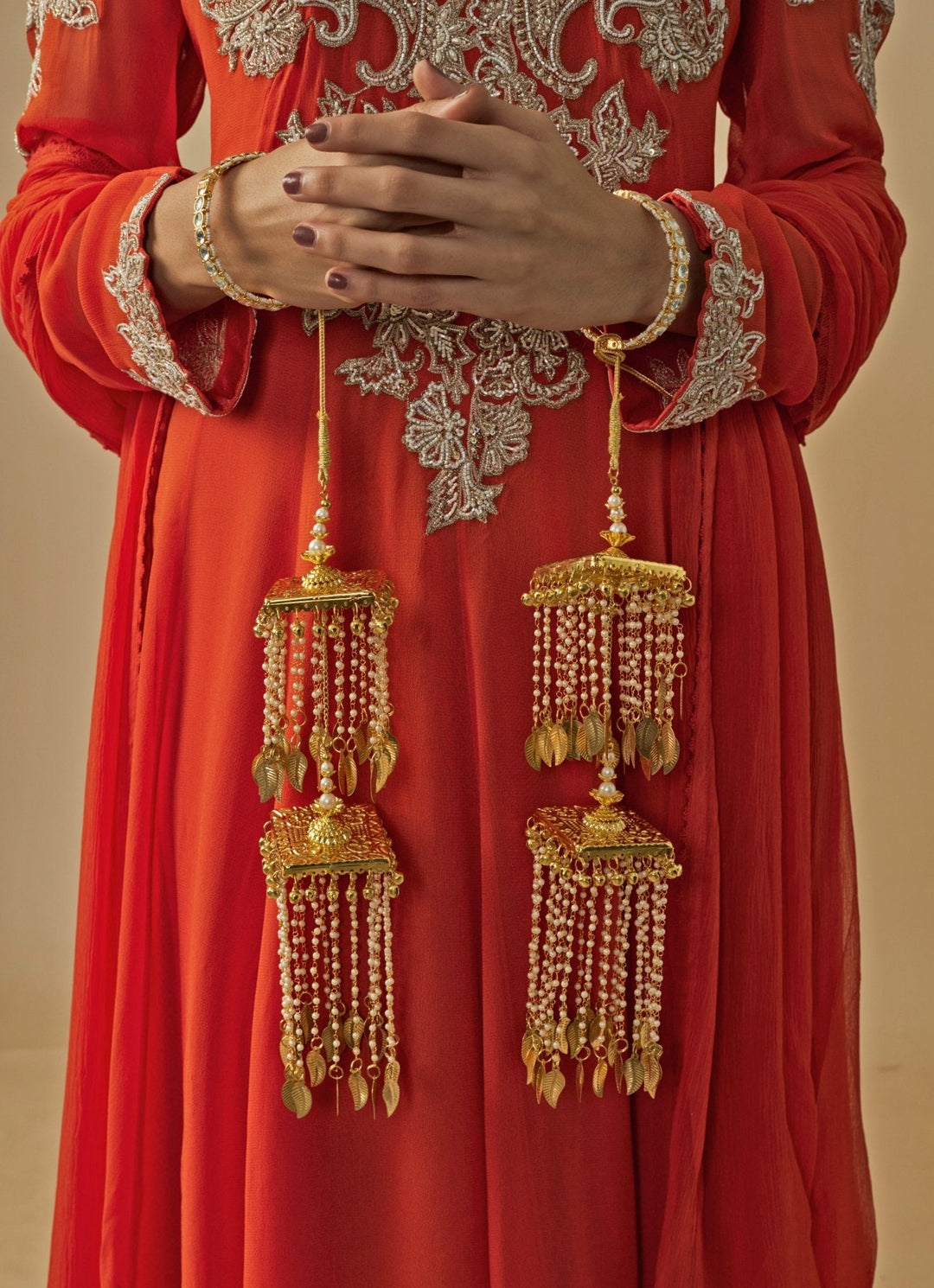 Gold Plated Bridal Kaleeras With Pearl Leaf Hangings Vivinia by Vidhi Mehra - Fabilicious Fashion