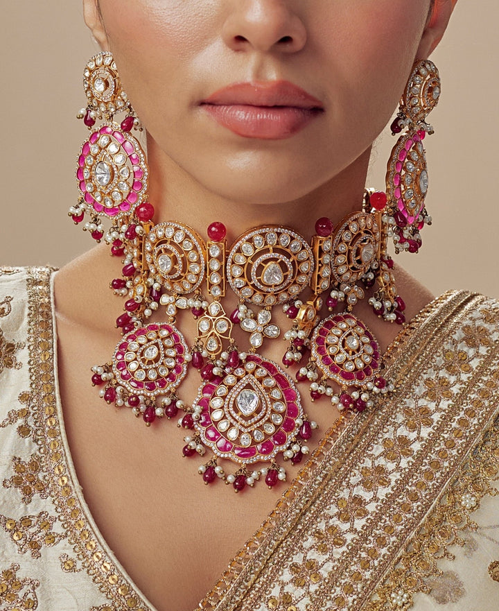 Gold Plated Bridal Kundan And Polki Choker Necklace Set With Maang Tikka Vivinia by Vidhi Mehra - Fabilicious Fashion