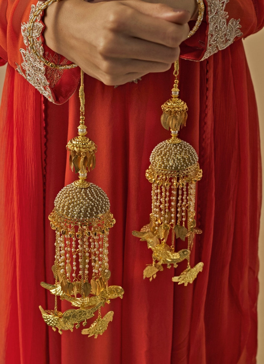 Gold Plated Bridal Pearl String Bird Kaleeras Vivinia by Vidhi Mehra - Fabilicious Fashion