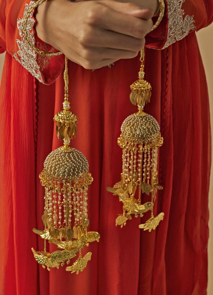 Gold Plated Bridal Pearl String Bird Kaleeras Vivinia by Vidhi Mehra - Fabilicious Fashion
