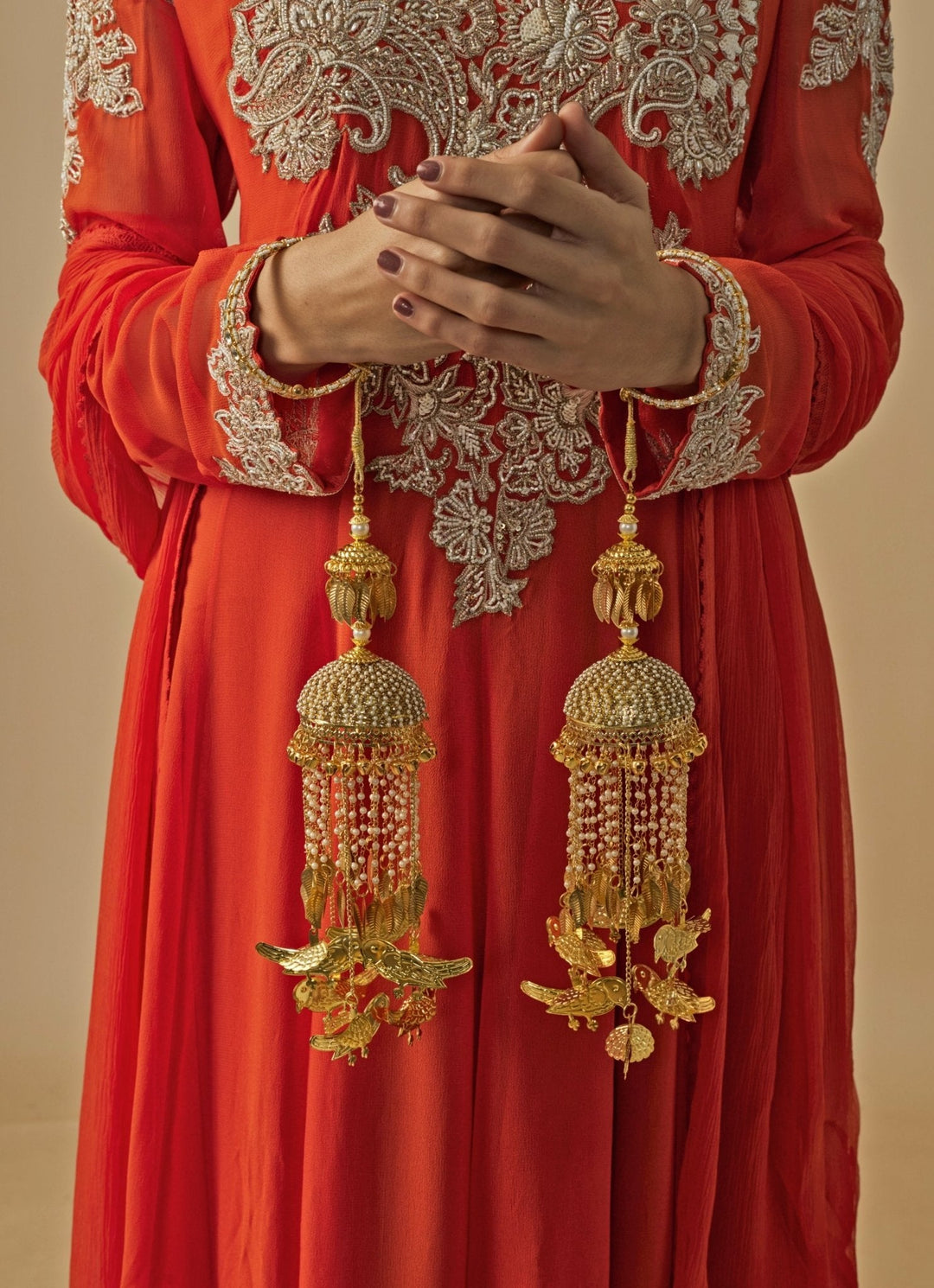 Gold Plated Bridal Pearl String Bird Kaleeras Vivinia by Vidhi Mehra - Fabilicious Fashion