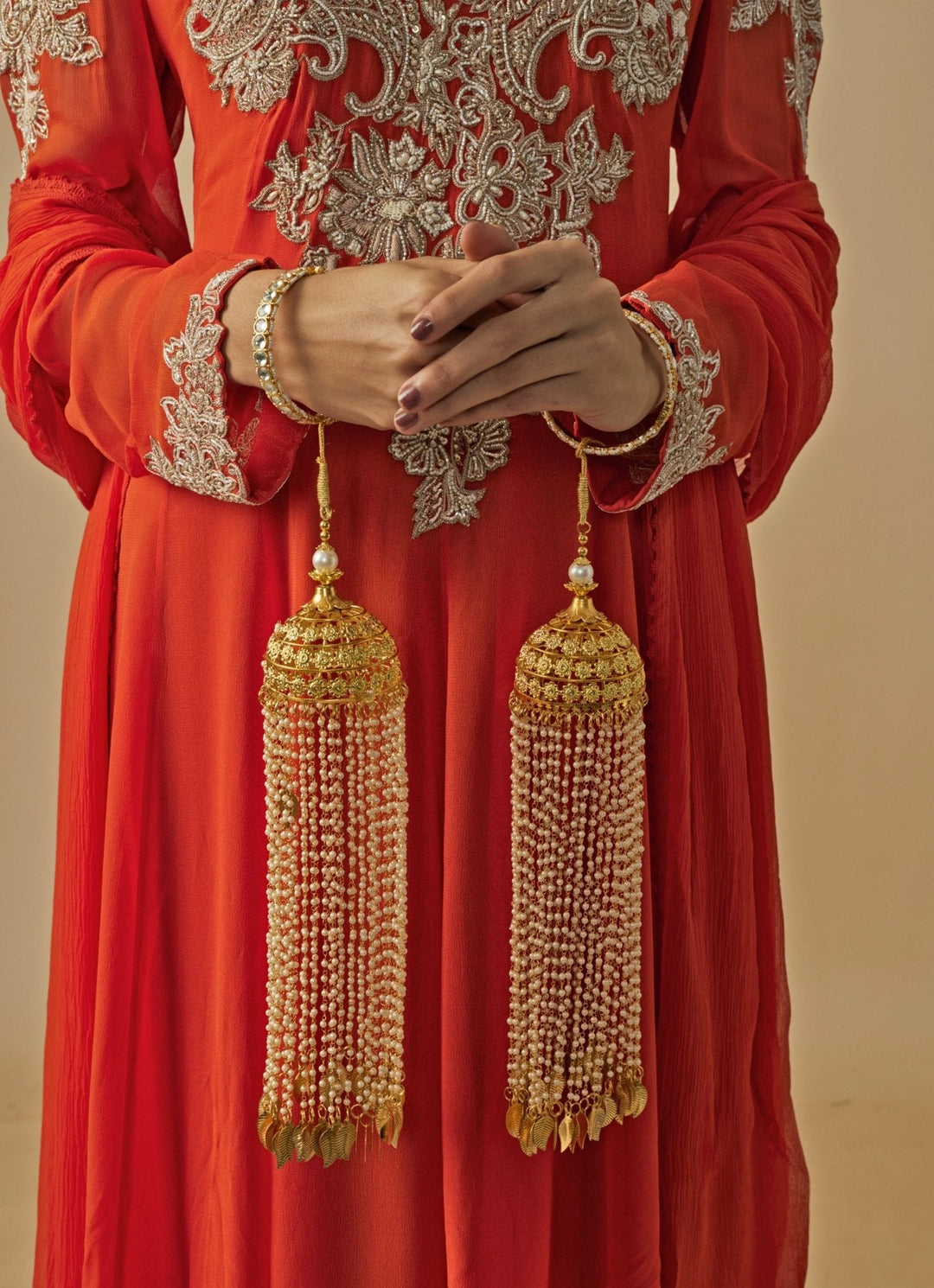 Gold Plated Bridal Pearl String Leaf Kaleeras Vivinia by Vidhi Mehra - Fabilicious Fashion