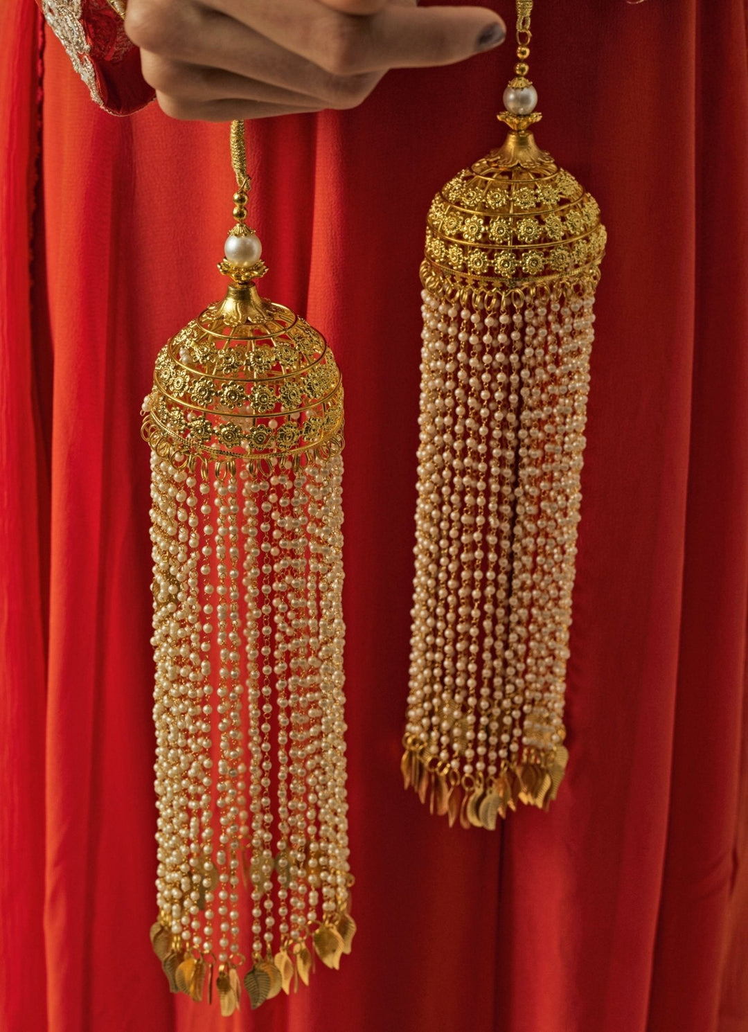 Gold Plated Bridal Pearl String Leaf Kaleeras Vivinia by Vidhi Mehra - Fabilicious Fashion