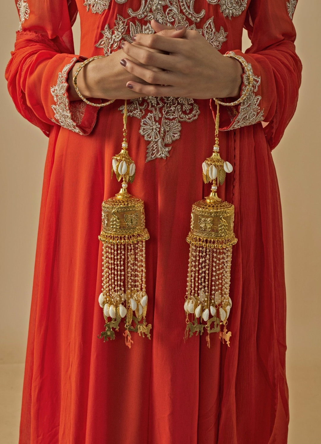 Gold Plated Bridal Pearl String Shell Kaleeras Vivinia by Vidhi Mehra - Fabilicious Fashion