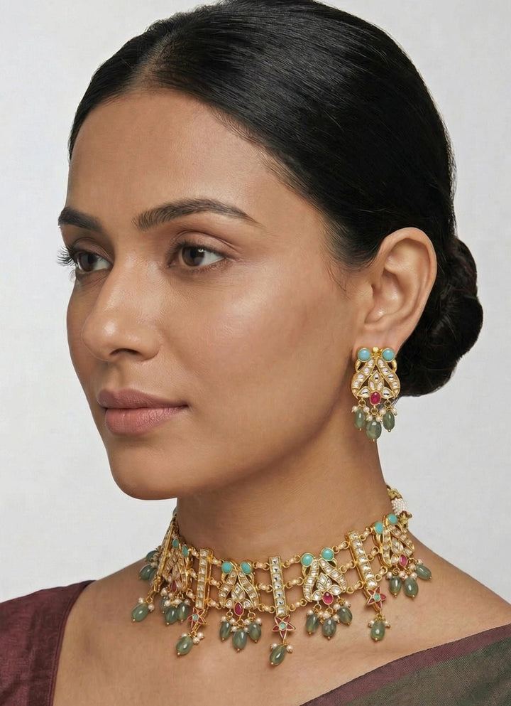 Zevar by Geeta Gold Plated Cage Style Necklace With Green Pearl DropsFabilicious Fashion