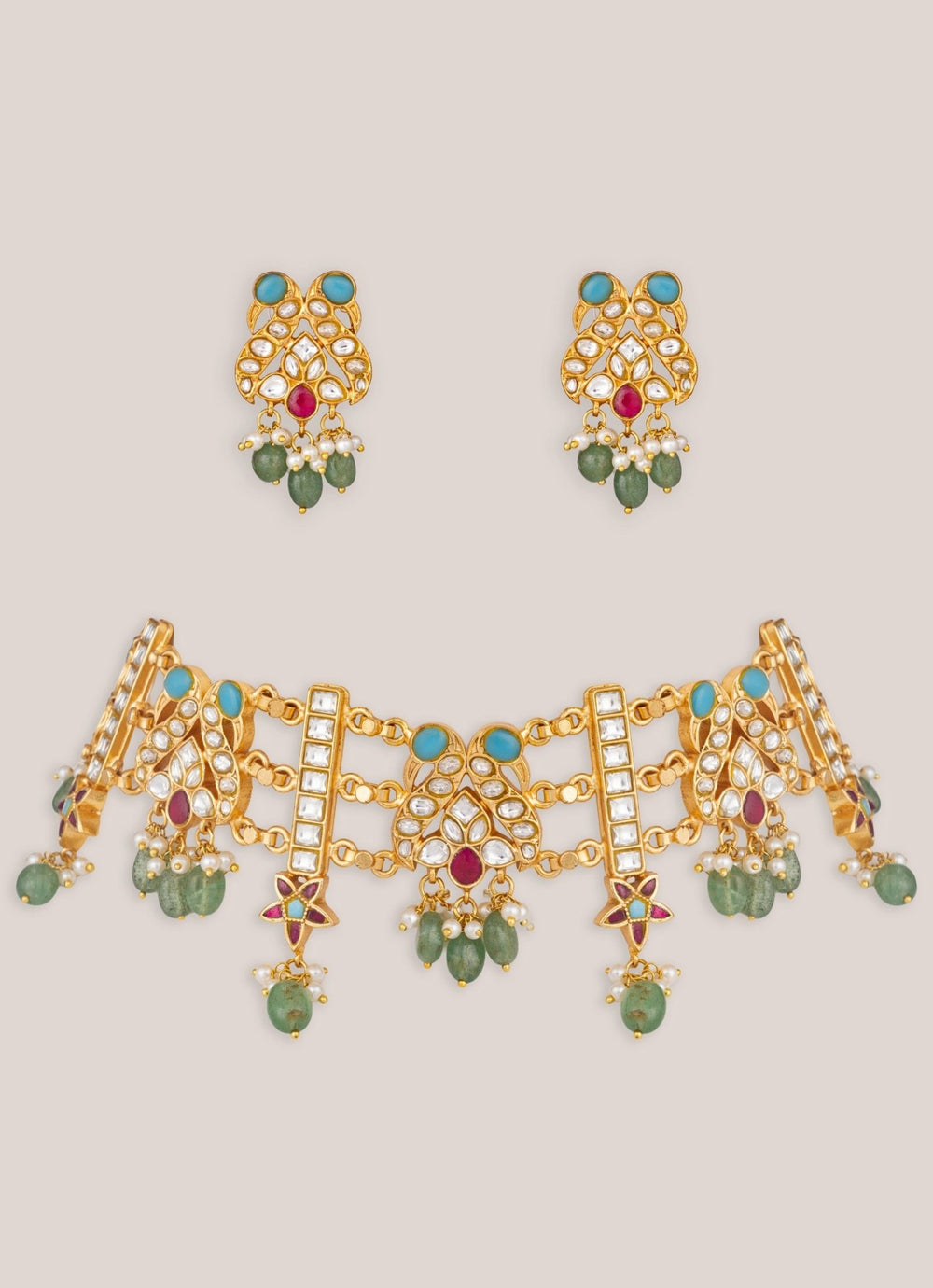 Zevar by Geeta Gold Plated Cage Style Necklace With Green Pearl DropsFabilicious Fashion
