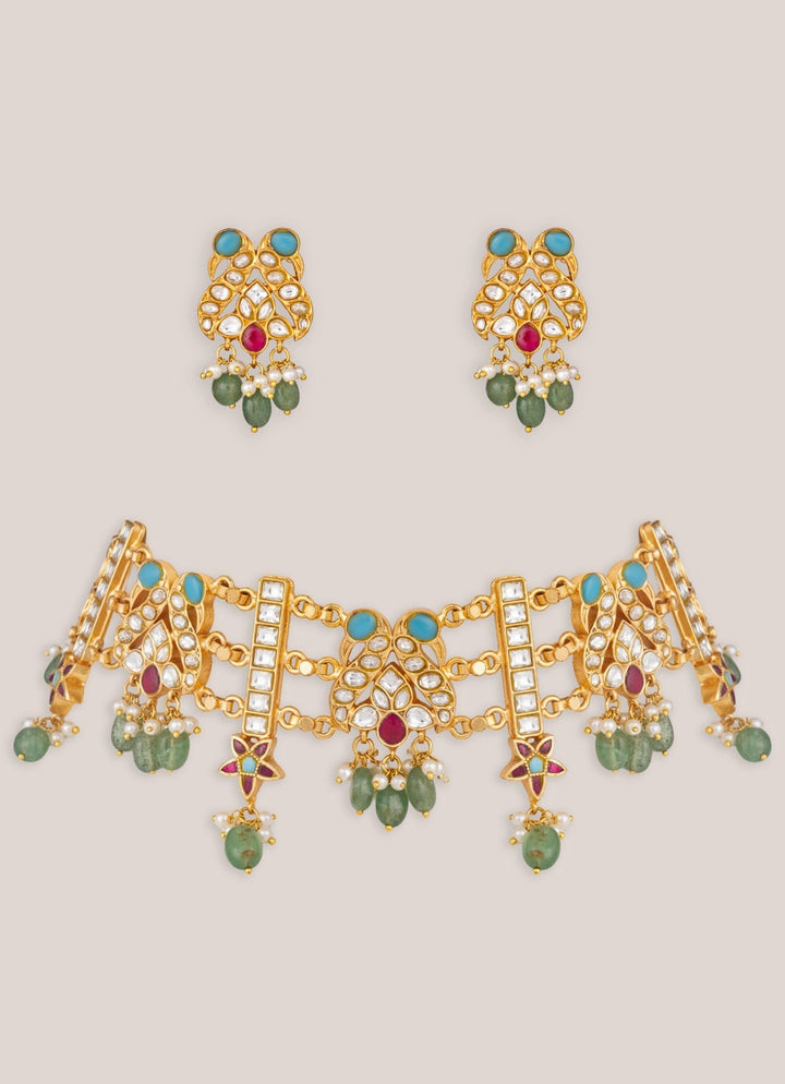 Zevar by Geeta Gold Plated Cage Style Necklace With Green Pearl DropsFabilicious Fashion