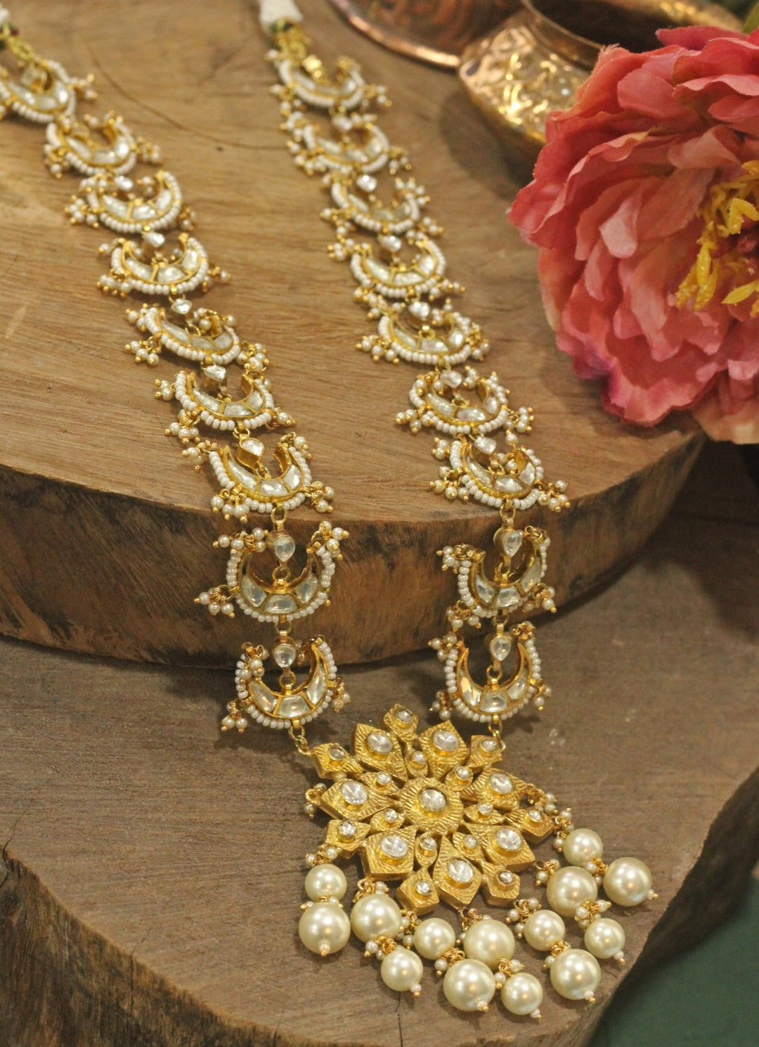 Gold Plated Chand Pearl Long Necklace Set With Jhumka Earrings Kalyani Indian Jewelry - Fabilicious Fashion