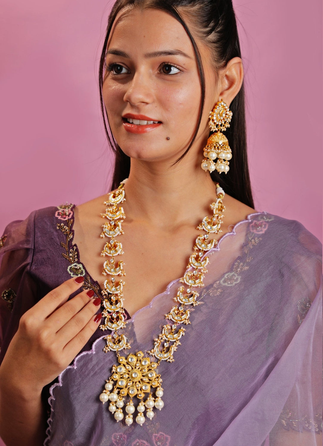 Gold Plated Chand Pearl Long Necklace Set With Jhumka Earrings Kalyani Indian Jewelry - Fabilicious Fashion