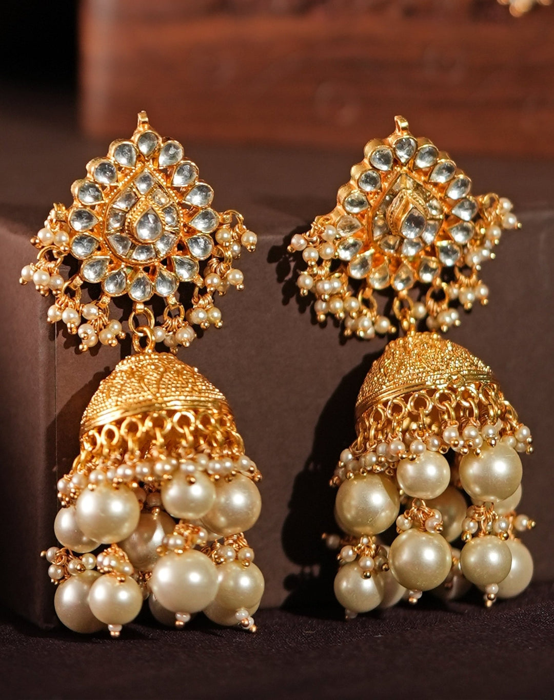 Gold Plated Chand Pearl Long Necklace Set With Jhumka Earrings Kalyani Indian Jewelry - Fabilicious Fashion