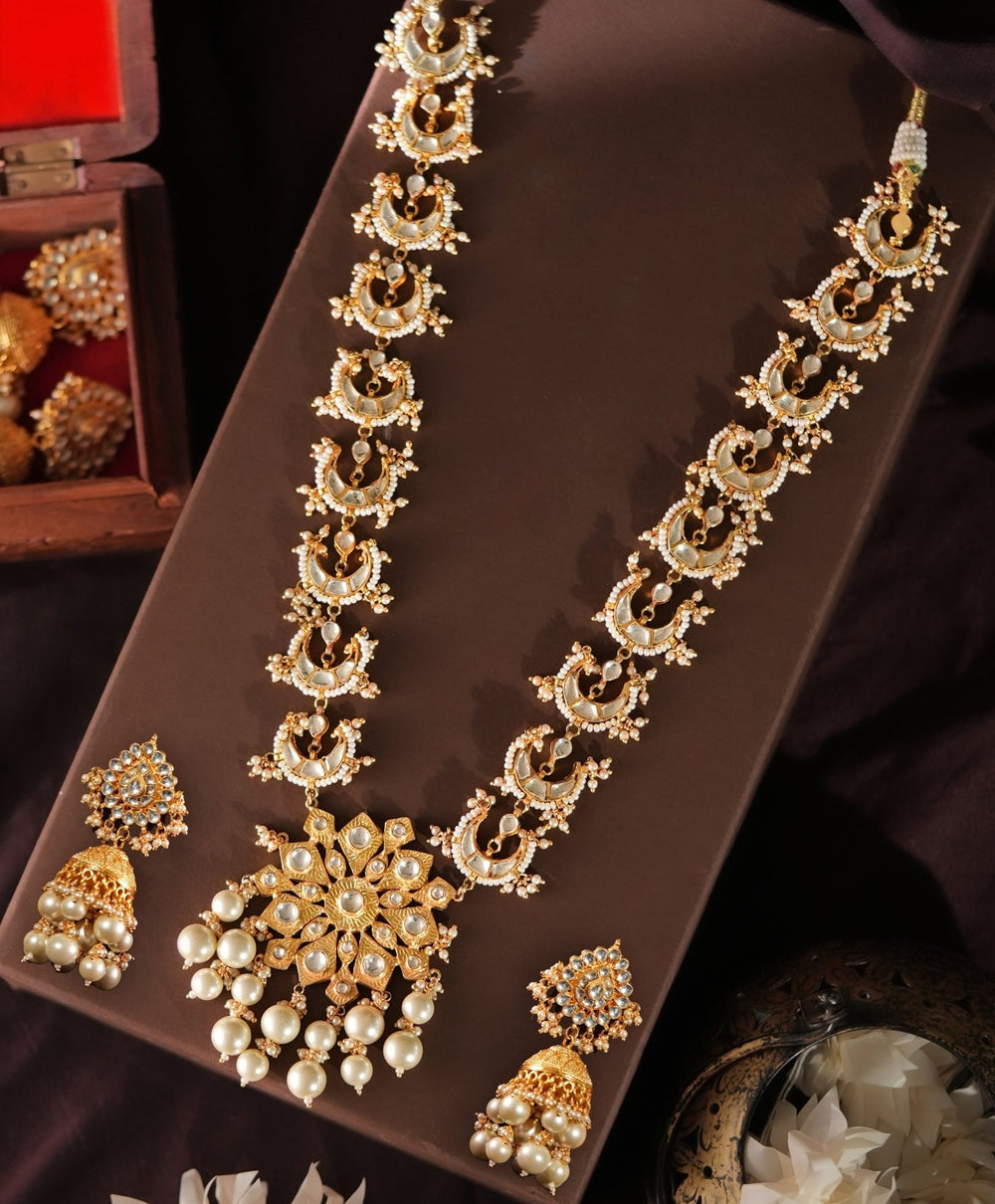 Gold Plated Chand Pearl Long Necklace Set With Jhumka Earrings Kalyani Indian Jewelry - Fabilicious Fashion