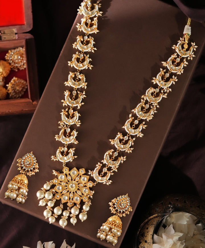 Gold Plated Chand Pearl Long Necklace Set With Jhumka Earrings Kalyani Indian Jewelry - Fabilicious Fashion