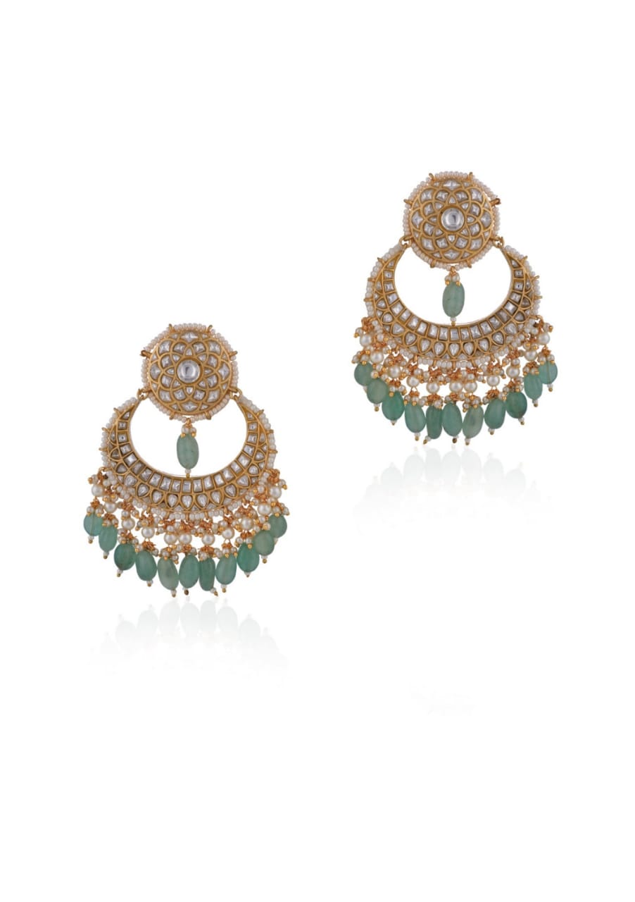 Gold Plated Chandbaali With Sea Green Beads Riana Jewellery - Fabilicious Fashion