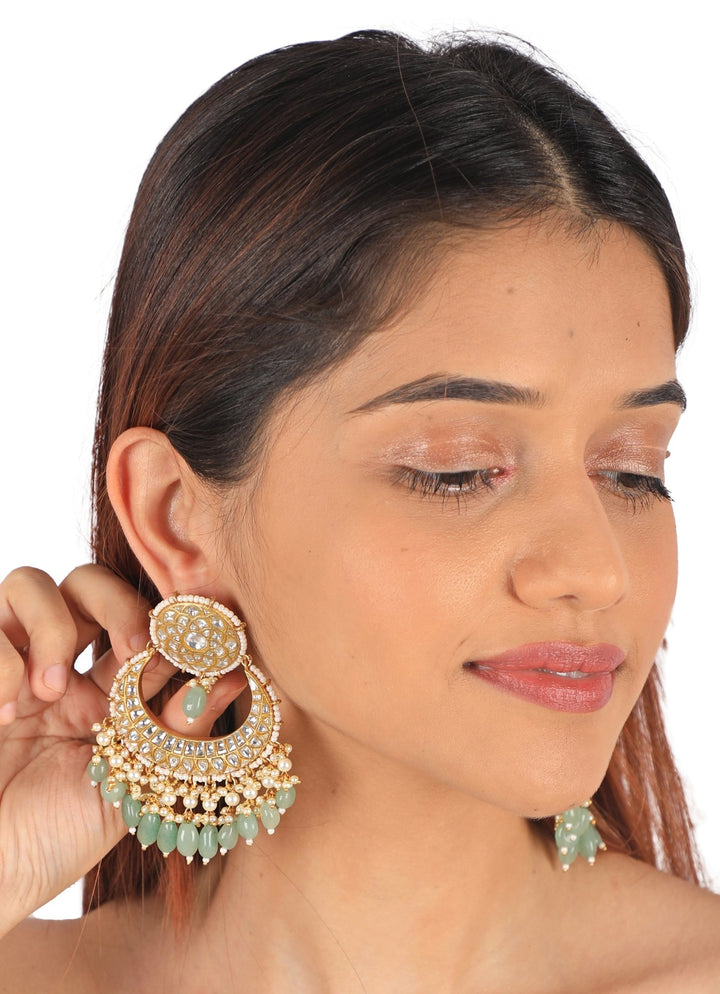 Gold Plated Chandbaali With Sea Green Beads Riana Jewellery - Fabilicious Fashion