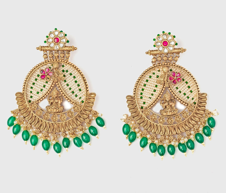 Gold Plated Chandbali Earrings With Green Drops Vivinia by Vidhi Mehra - Fabilicious Fashion