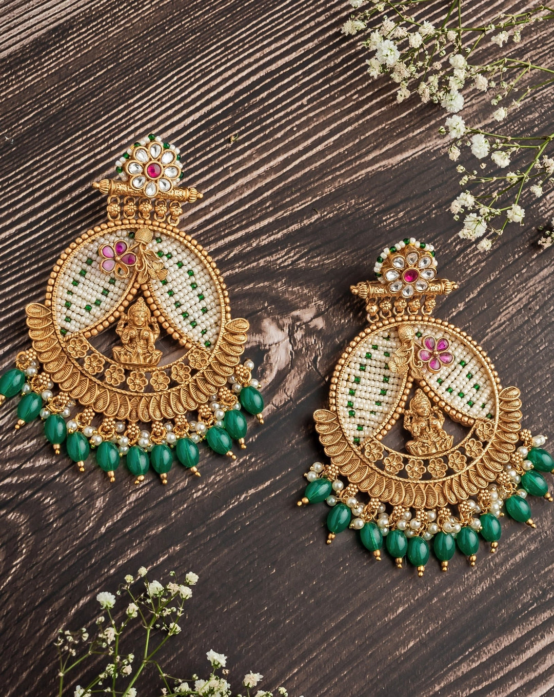 Gold Plated Chandbali Earrings With Green Drops Vivinia by Vidhi Mehra - Fabilicious Fashion